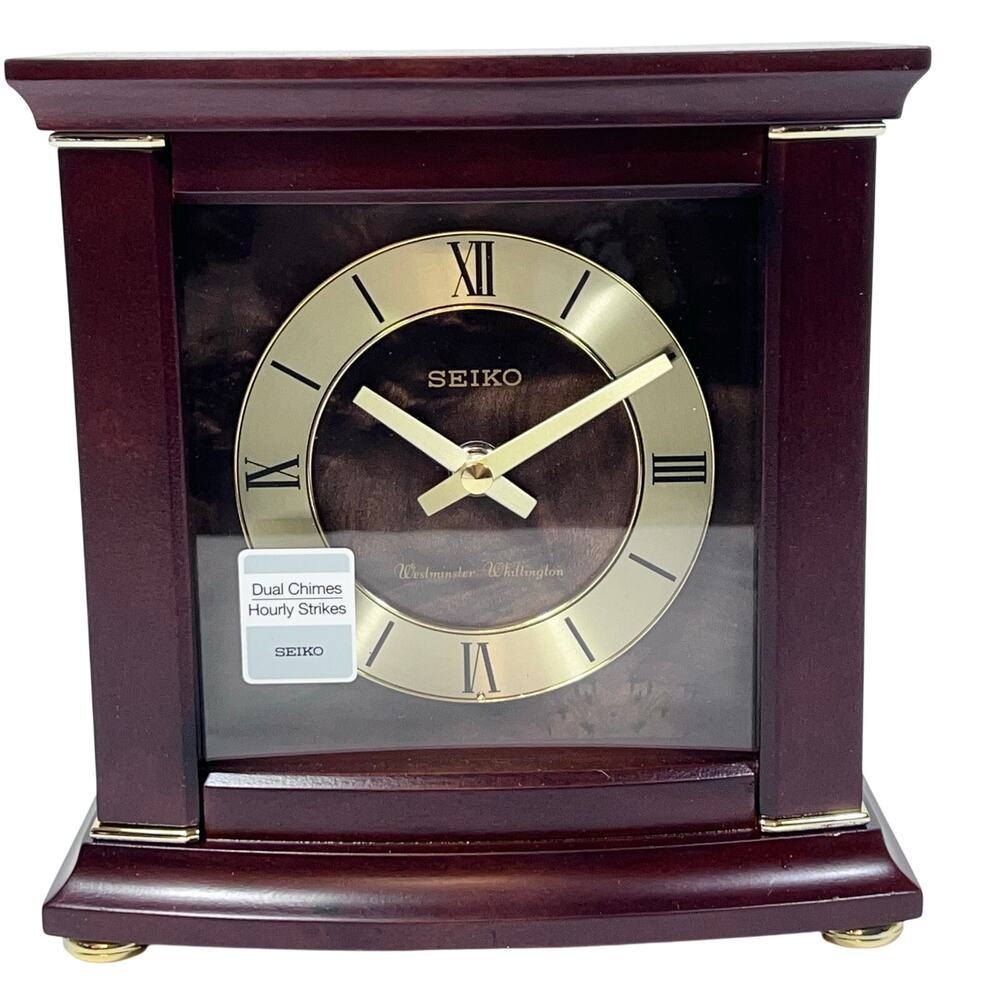 Seiko Dark Brown Wood Gold Mantel Clock Dual Chimes Westminster QXJ030B New